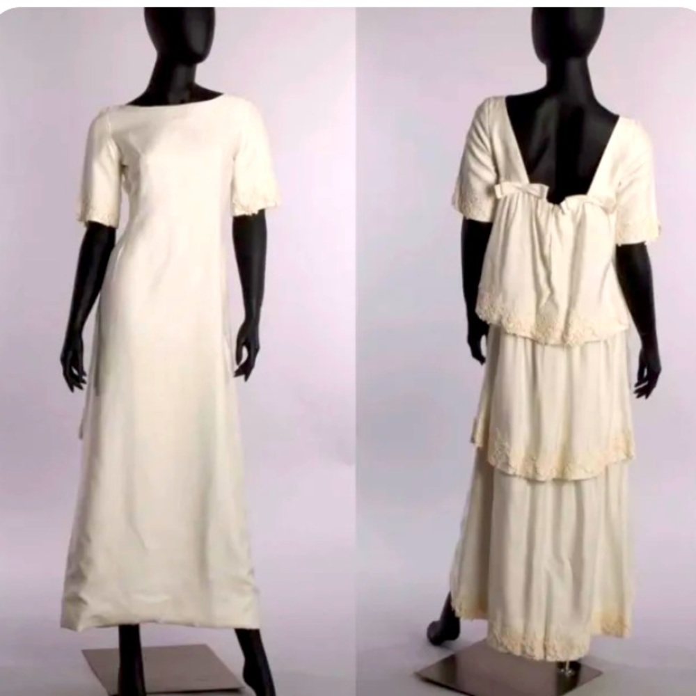 Vintage 1957 Emma Domb Short Sleeved Ivory Linen Tiered WEDDING Bridal Dress
